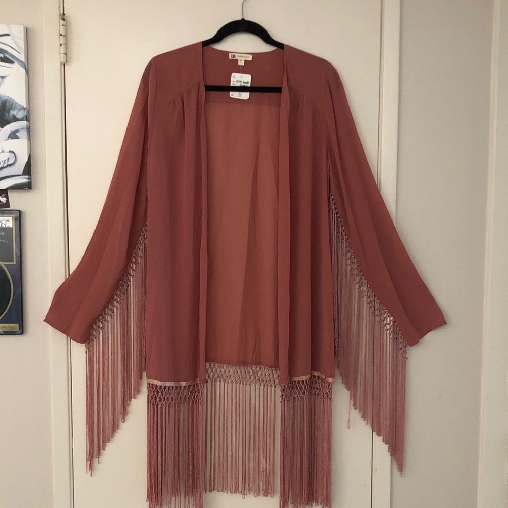 Cotton Candy Boho Fringe Kimono Cardigan - Dusty Rose Cheer Chiffon! L